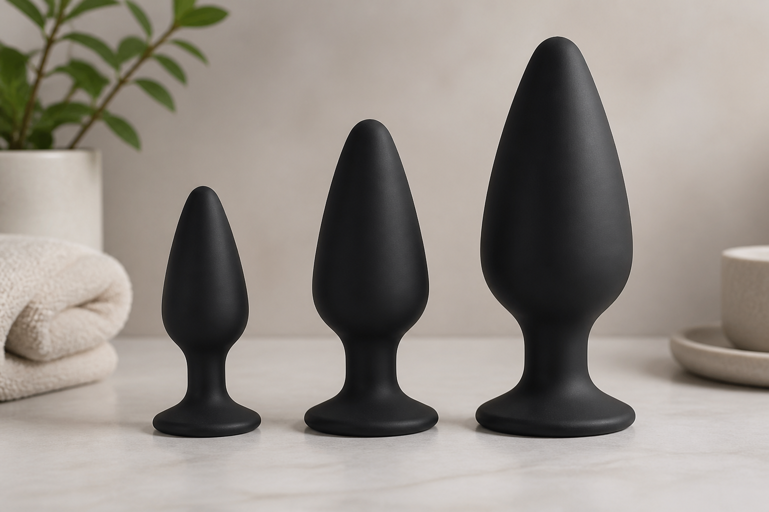 Three progressively sized anal training plugs arranged from smallest to largest on a neutral surface
