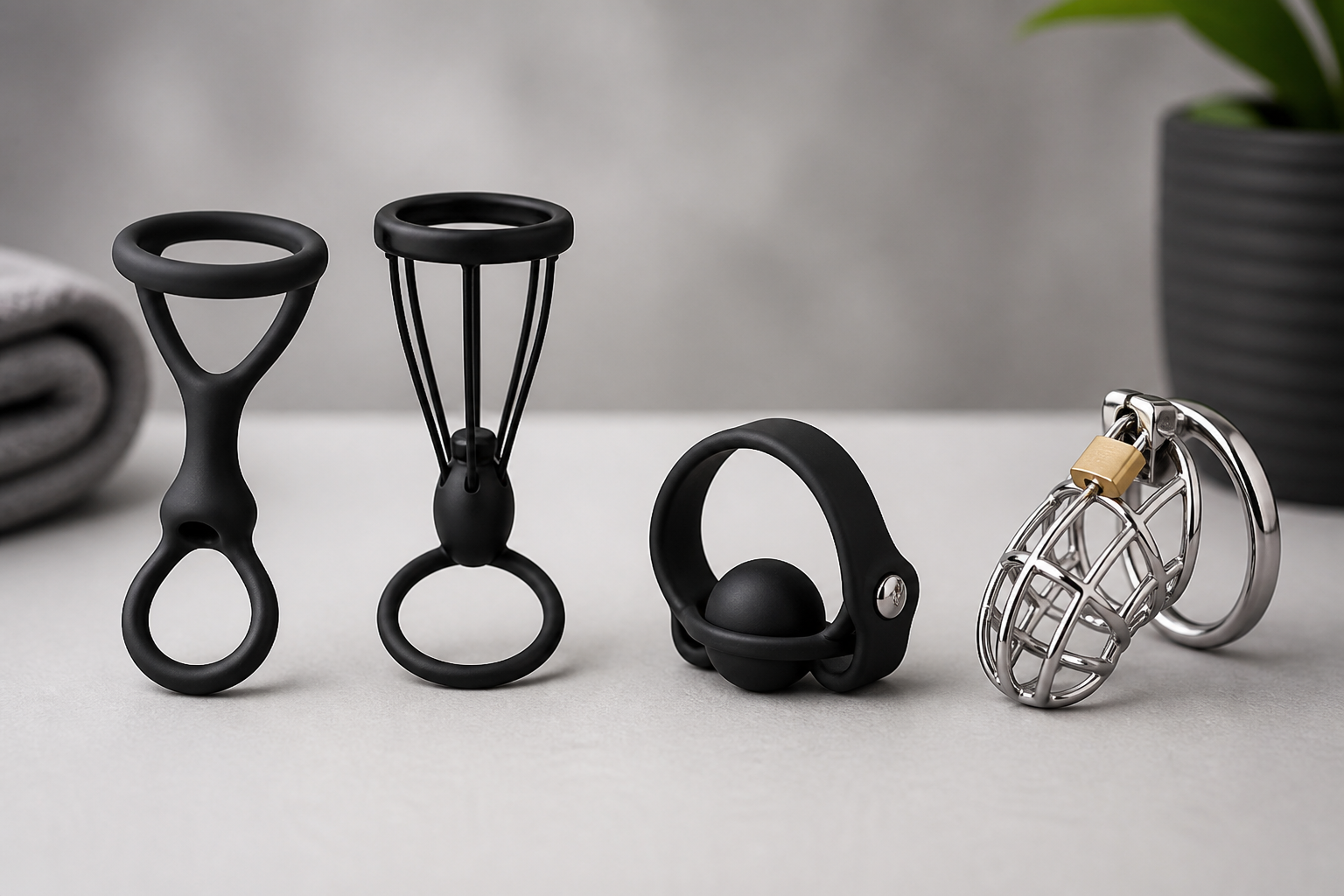 A beginner-friendly selection of CBT toy types arranged on a neutral surface, including a ball stretcher, parachute-style stretcher, soft restraint, and chastity cage.