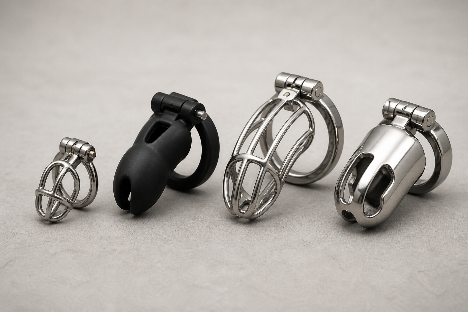 Four small male chastity cages in different materials and shapes displayed on a neutral surface.