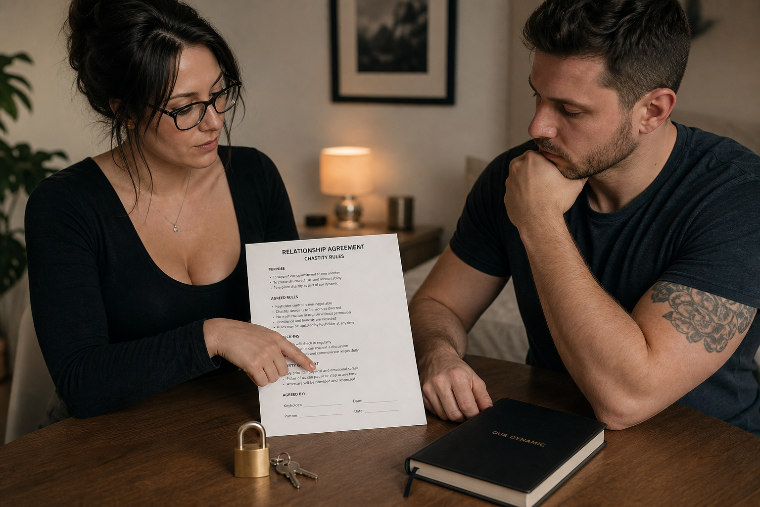 Two adults reviewing a written chastity rules agreement at a table with a lock and key nearby