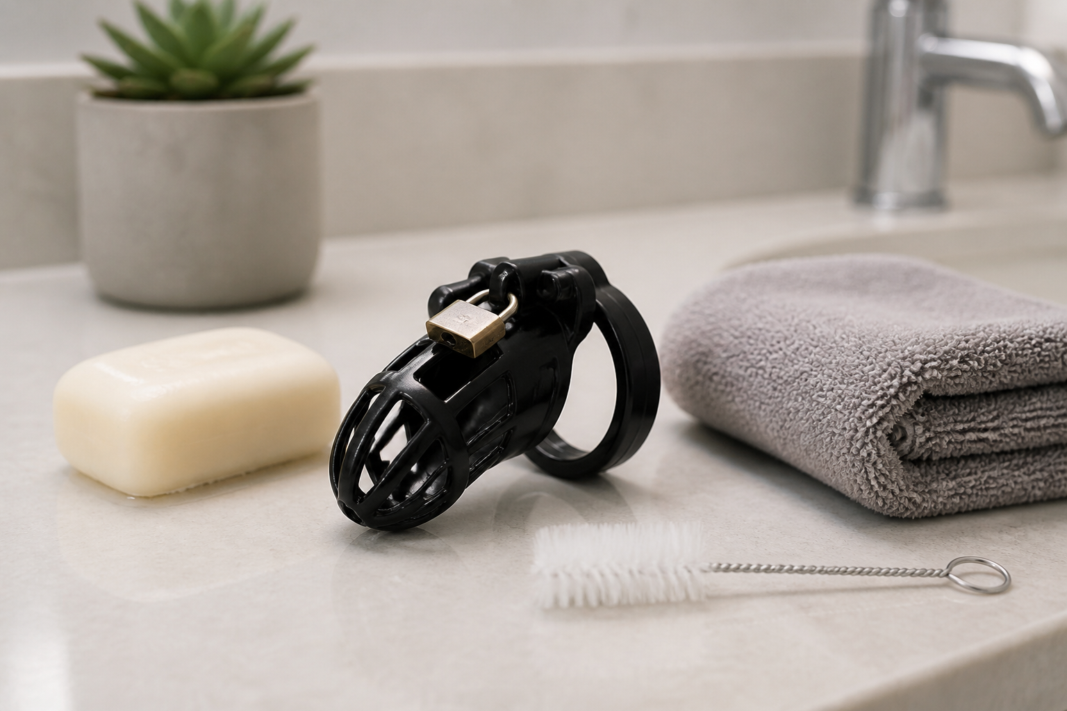 A chastity cage beside mild soap, a towel, and a small cleaning brush on a bathroom counter.