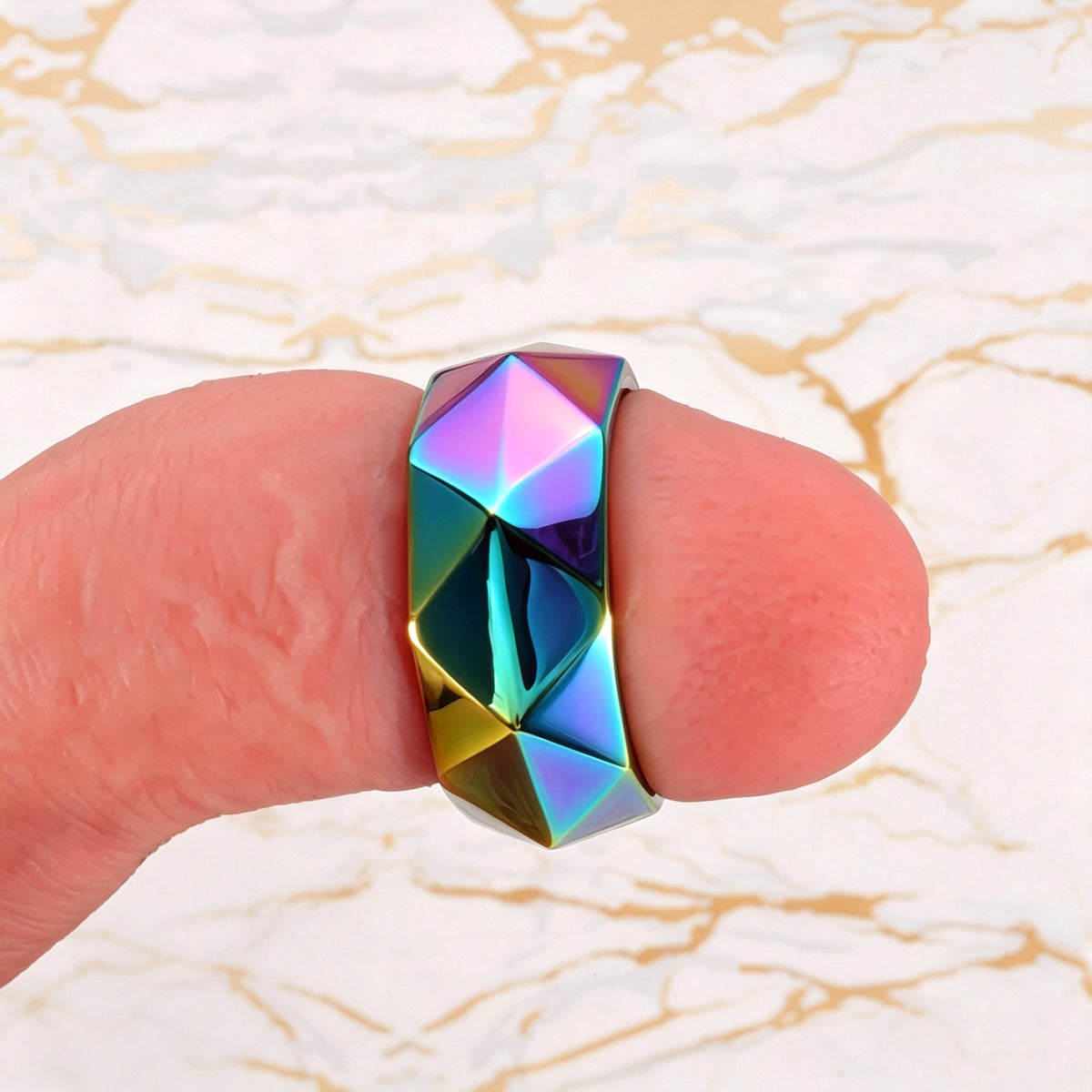 Premium Hexagonal Glans Ring (Hand Polished) - Steel & Titanium | Gold & Rainbow